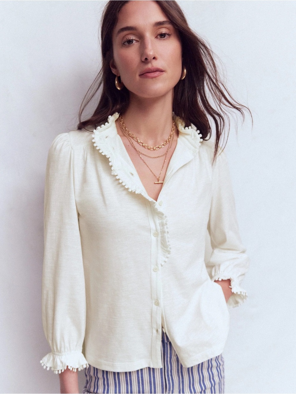Boden Emily Pom Trim Ruffle Button Up Shirt Blouse
